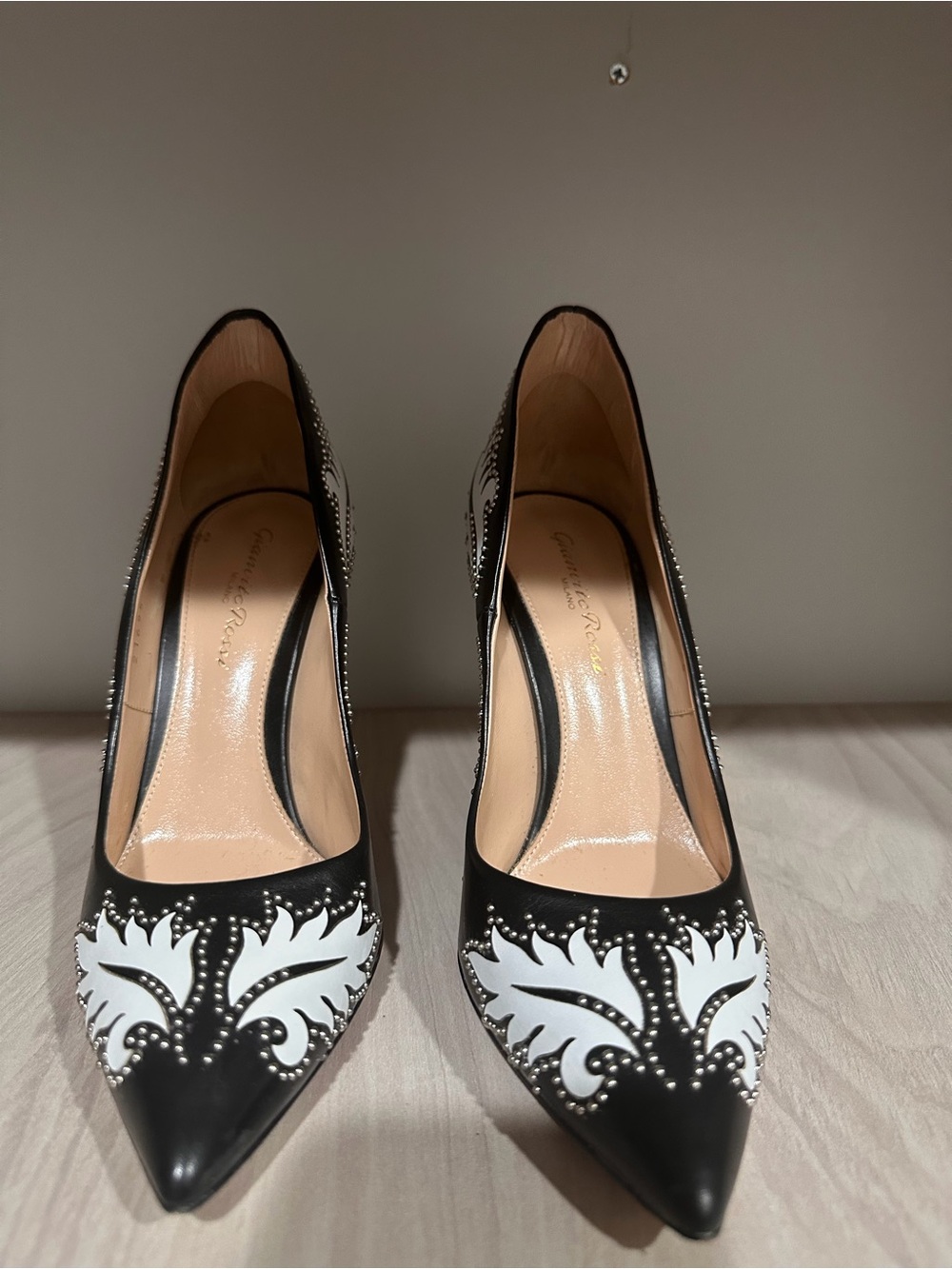 Gianvitto Rossi Black and White Pointed Toe Women's Pumps - Studded Detail